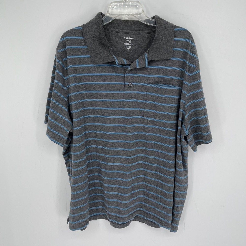 George Men's Gray Striped Short Sleeve Pocket Nautical Polo Shirt Plus Size 2XL